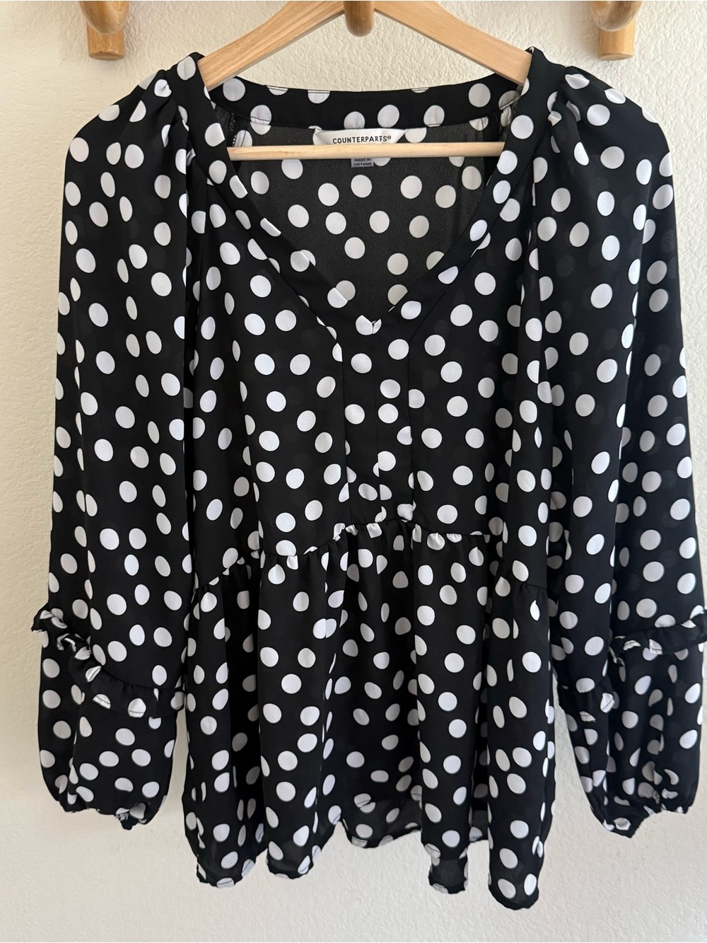 Coquette retro flowy polka dot ruffle babydoll blouse size S